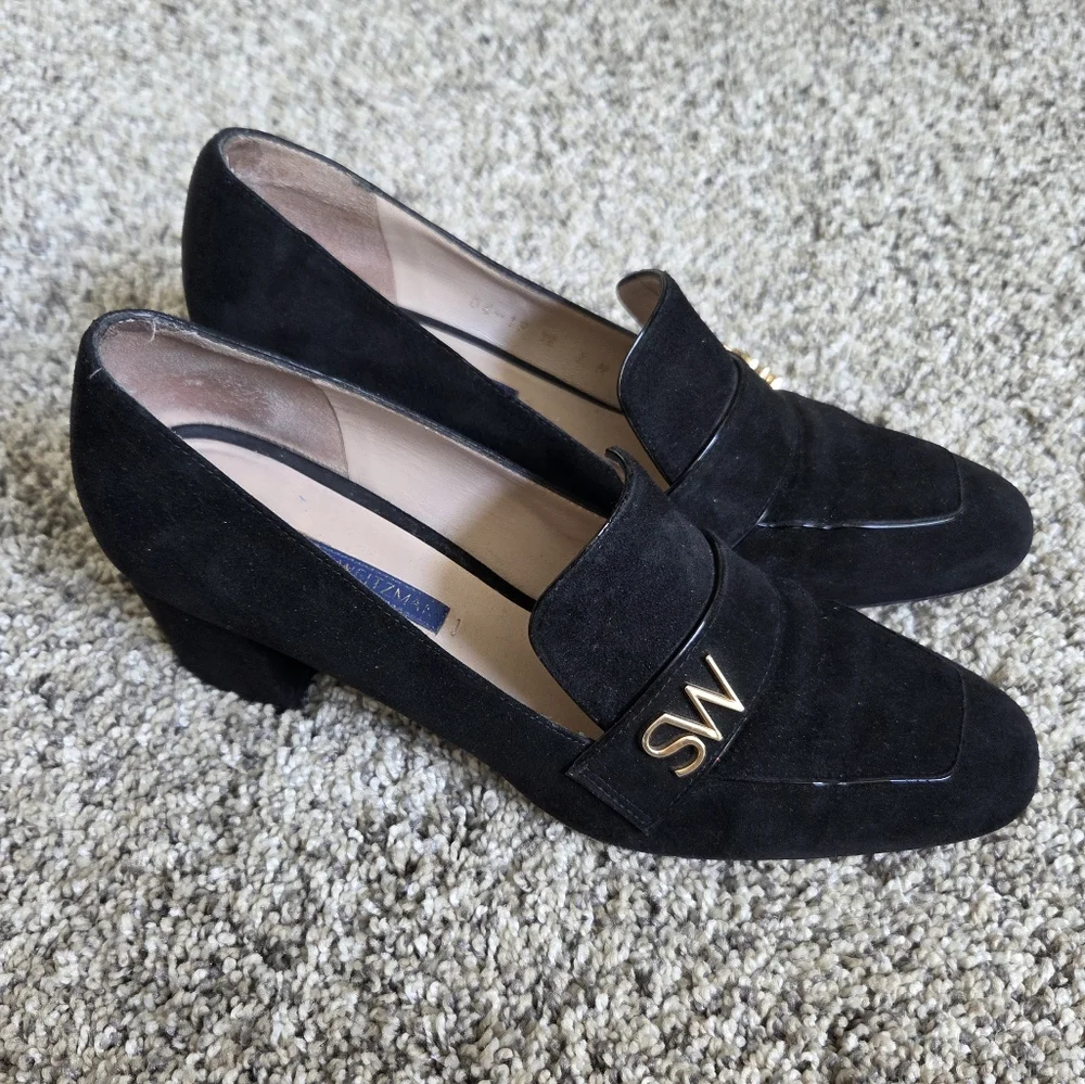 Stuart Weitzman Women's Frances Pump Block Heel Suede Monogram Loafers Size 7‎
